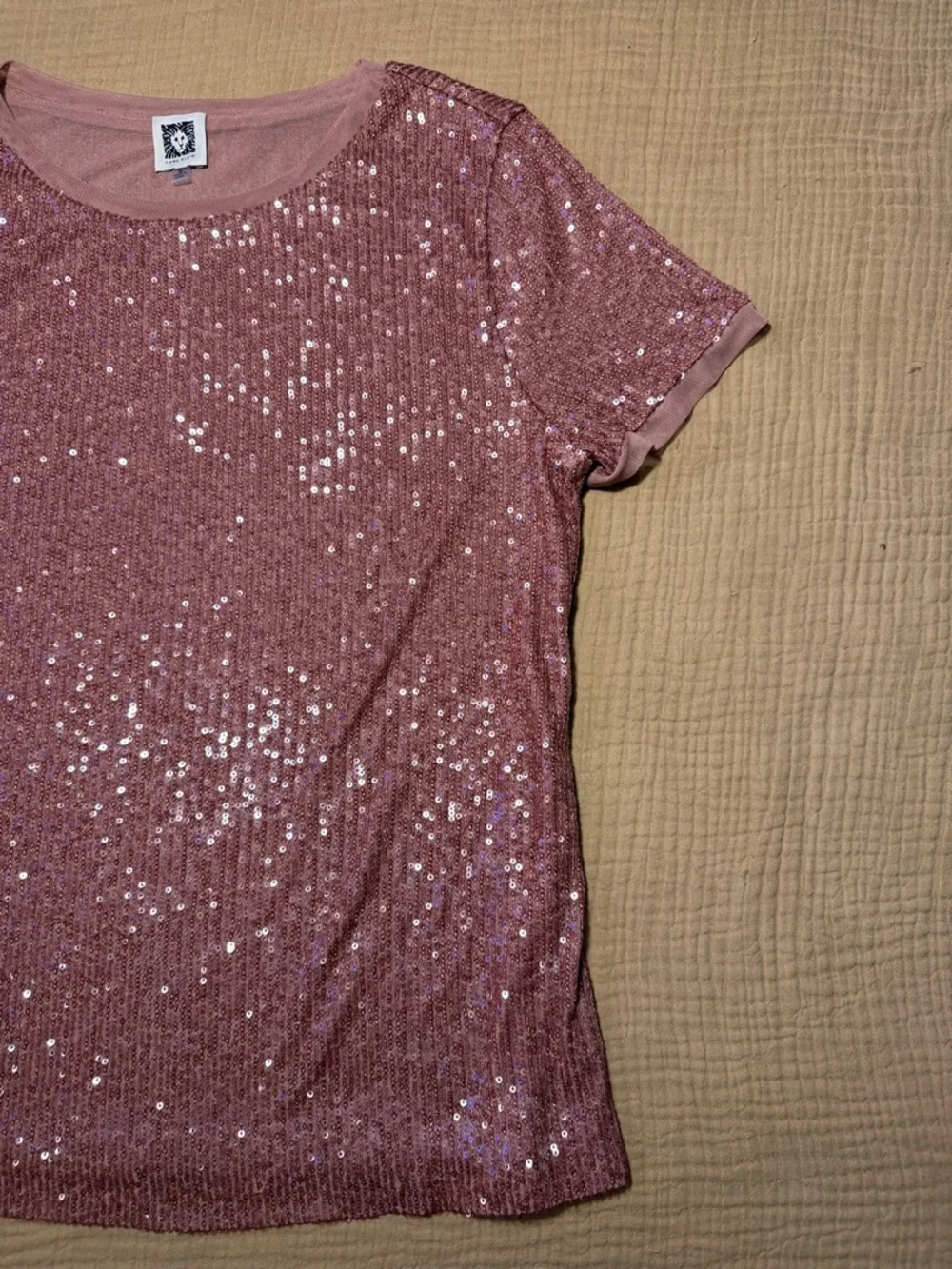 Anne Klein Berry Rose Pink Sequin Short Sleeve Top - Picture 4 of 5
